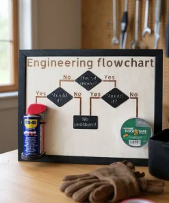 Engineering flowchart bord – met echte WD-40 & Duck Tape – 48x40 cm – Cadeau voor klusser of mancave